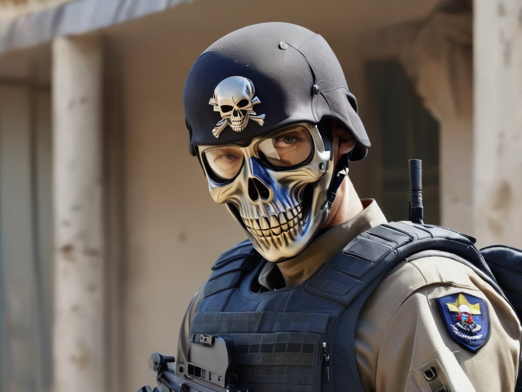 ((Spec ops soldier with  half skull mask watching the viewer with dead eyes)), photo realistic, detailed hands, complex_background, background, detailed face, detailed skull mask, spec ops soldier uniform,, male, visivle blue eyes,