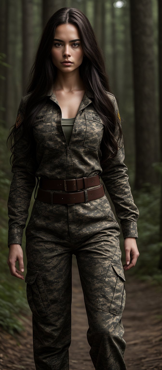 Generate hyper realistic image of a woman with long, straight, dark brown hair that flows freely down her back. She is wearing a full military uniform in camouflage pattern, which includes a long-sleeved shirt and matching pants. The uniform fits snugly, emphasizing her athletic and curvaceous figure. The outfit is complete with a belt and insignia on her sleeve. The setting is in forest.