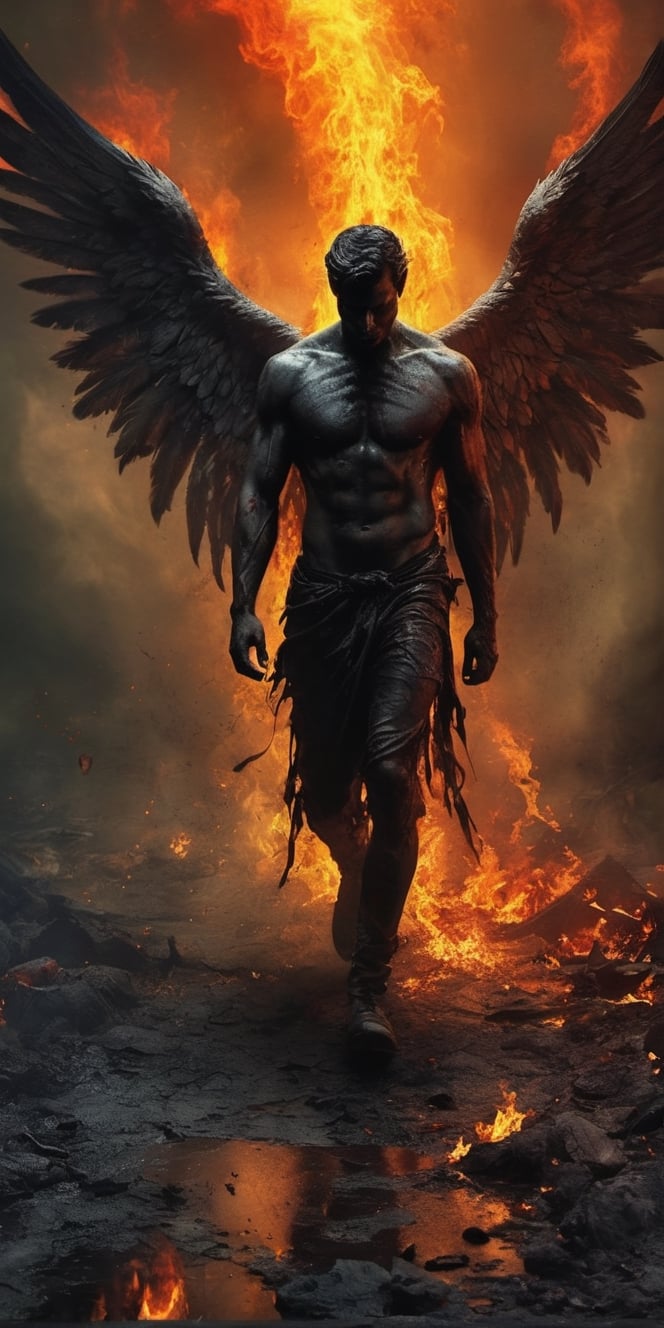  Create a hyper realistic image of hell and its surroundings,  Angel walking foward.colourful , wide , specific, dark , grim, .,photo r3al