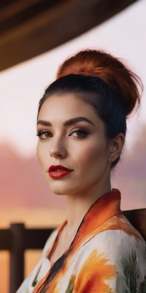 Generate hyper realistic image of a woman with a layered hairstyle in vibrant shades of orange, echoing the warmth of a woodland sunset. Her eyes captivate with intricate multicolored details, and her big red lips, cute nose, and hourglass body add to her allure. Enhanced by black makeup, she sits elegantly on a wooden bench, becoming a muse in the serene beauty of the forest.