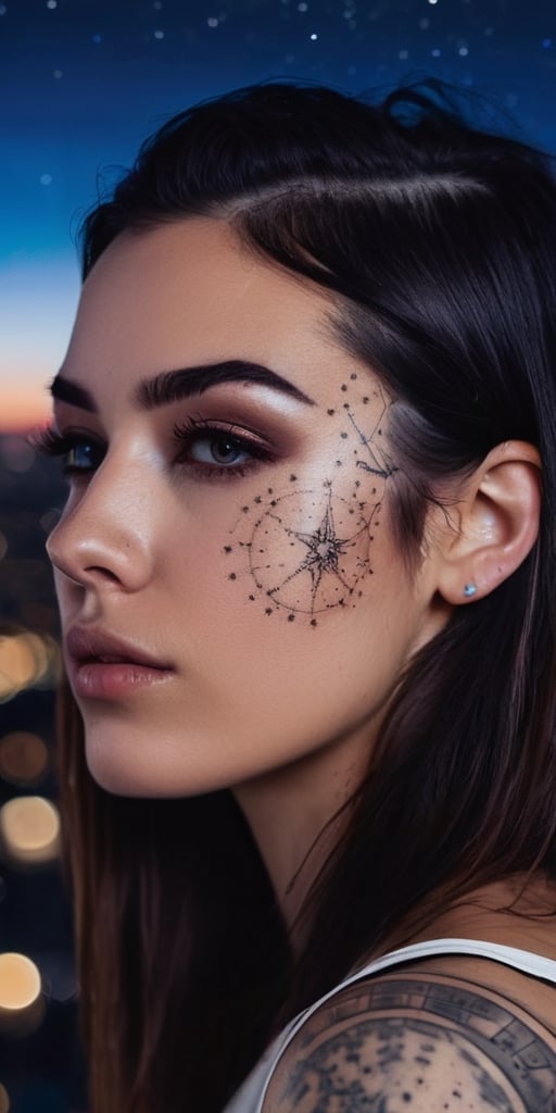 Generate hyper realistic image of a scene featuring a young woman with a captivating star map tattoo across her face, wearing avant-garde celestial-inspired fashion, attending a stargazing event on a rooftop with a panoramic view of the city skyline.Extremely Realistic, up close, 