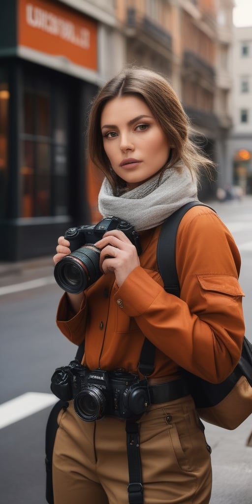 Generate hyper realistic image of a woman in urban photography expedition attire—utilitarian yet chic outfit, camera in hand—as she captures the intricate details of city architecture in an exploration of visual storytelling.((upper body))