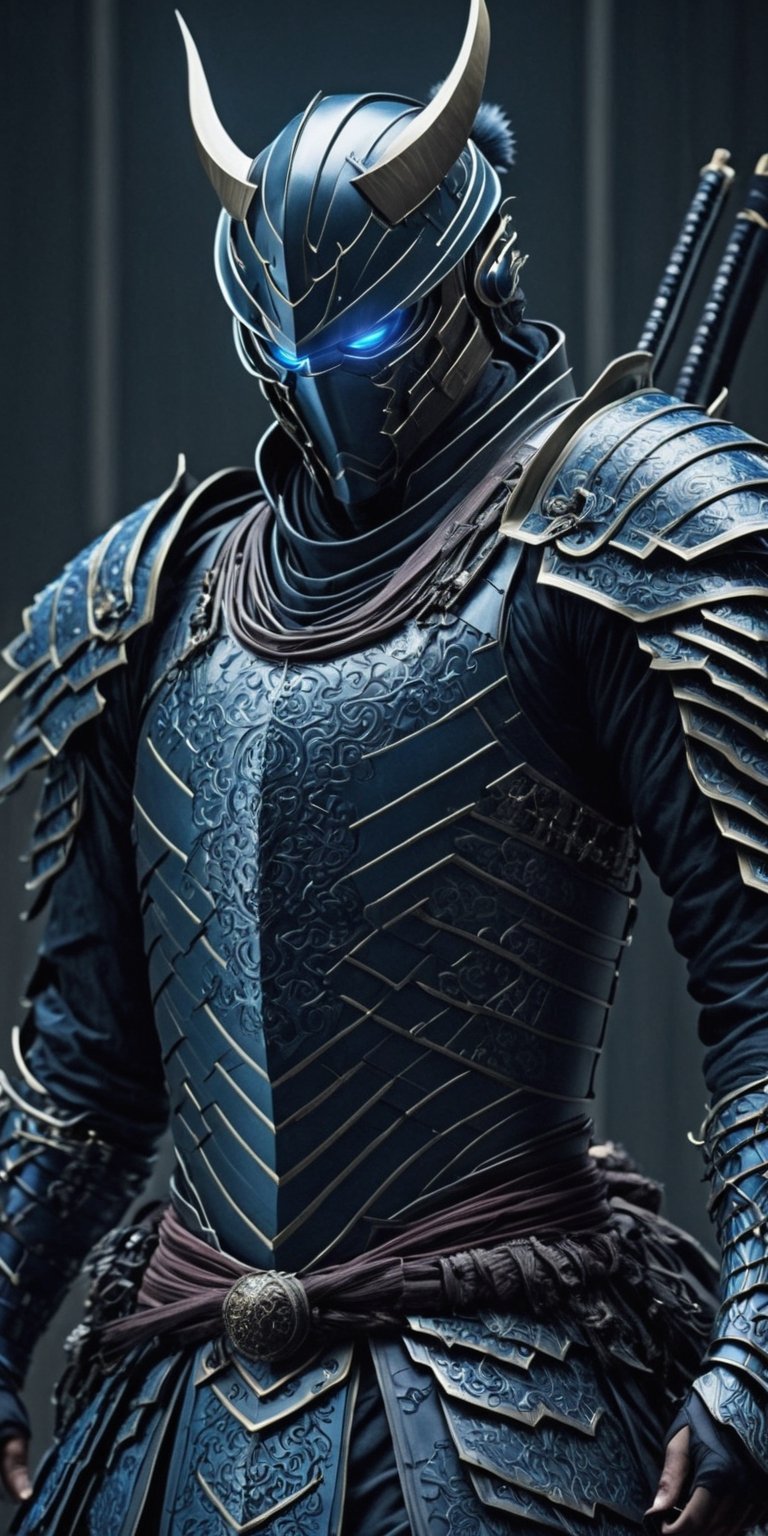 Generate an intricately detailed and visually compelling image of a formidable man adorned in futuristic samurai armor. Design a character whose armor seamlessly blends traditional samurai aesthetics with cutting-edge technology, featuring sleek lines, glowing accents, and advanced materials. Pay meticulous attention to the details of the armor, incorporating intricate patterns, symbols, and a harmonious color scheme. Place the man in a futuristic environment that complements the high-tech samurai theme, with dynamic lighting to showcase the reflective surfaces of the armor. Capture a sense of strength, honor, and readiness for battle, evoking the fusion of ancient warrior traditions with the advancements of a futuristic world. The goal is to create a visually stunning representation of a modern-day samurai in a technologically advanced era. .highly detailed . high_resolution, highly detailed, sharp focus.8k,NightmareFlame,rmspdvrs