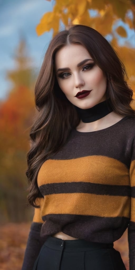 Generate hyper realistic image of a beautiful woman with lustrous chocolate brown hair cascading down to her waist. She wears a dark black sweater, and her long hair partially frames her face as she looks directly at the viewer. Adorned in gothic makeup with big dark red lips and a pale face, she stands outside in the crisp autumn air. With a confident smile, she emanates an enchanting gothic charm amid the fall foliage.