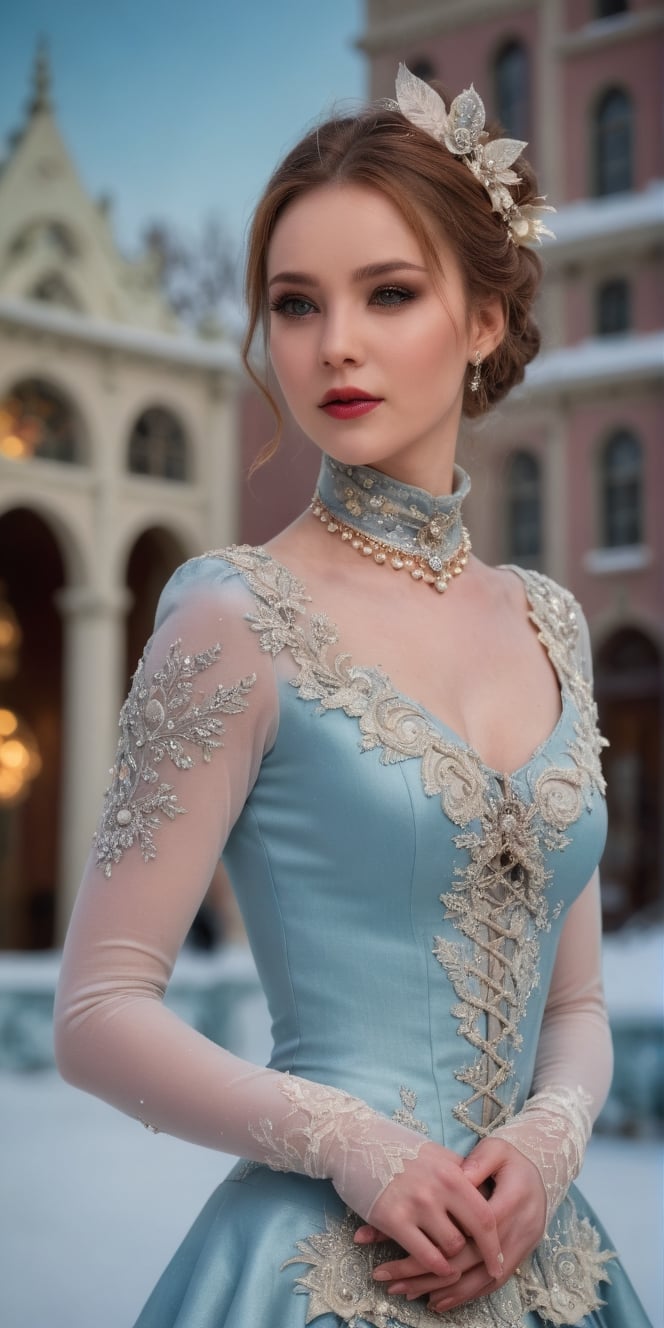 Generate hyper realistic image of the Victorian elegance with winter charm in an ice skating photoshoot. Feature the lady in glamorous Victorian-inspired winter attire on a frosty ice skating rink.up close,Extremely Realistic,<lora:659095807385103906:1.0>