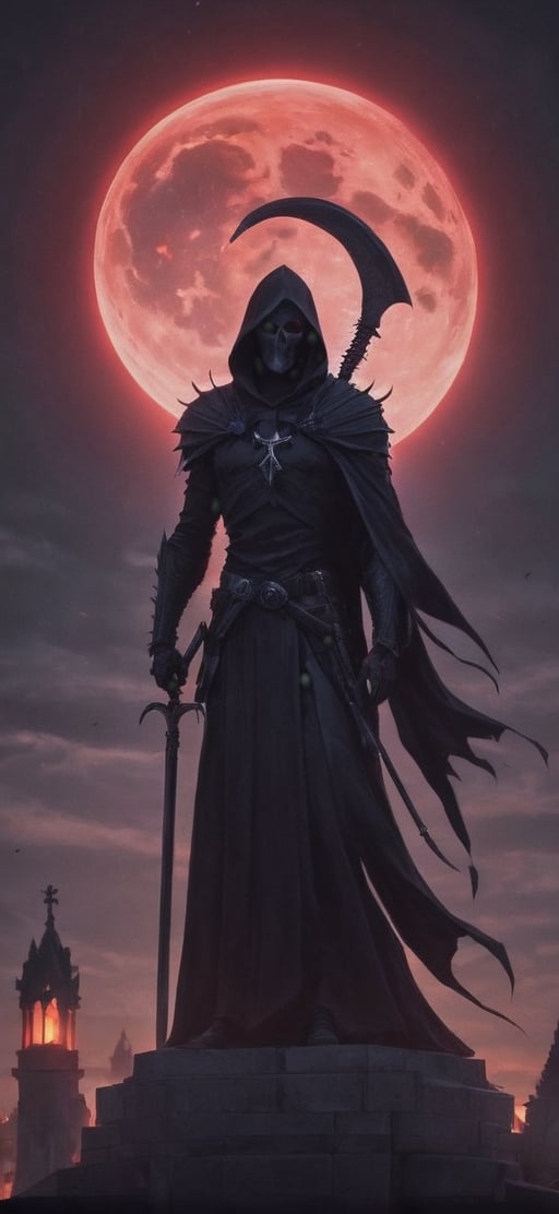  create a Grim reaper standing on top of church roof. he is facing the viewer. he is holding a  bloodyscythe,He is illuminated from back by red moonlight.Terrifying, death. sharp focus, high detailed, 8k, visavle face,,fantasy00d,night_view_background,horror,perfect light,schorror,monster,hallow33n