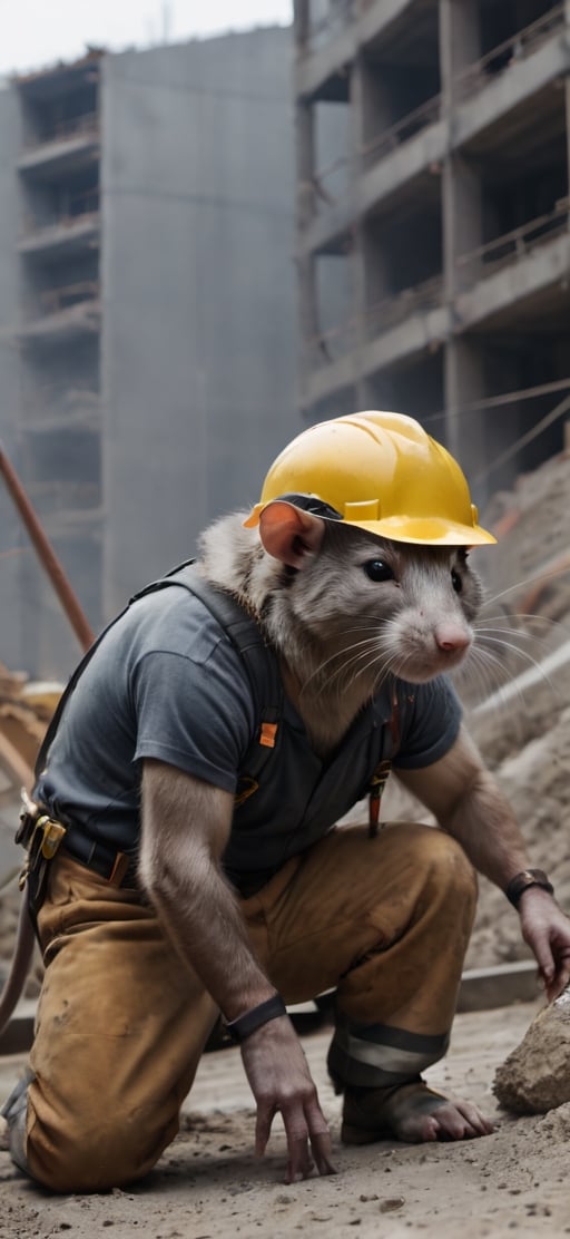  create a Bunch of rat with men body working in construction site, visible tails, wearing work safety outfit and helmet, , sharp focus, . ,Movie Still,more detail XL