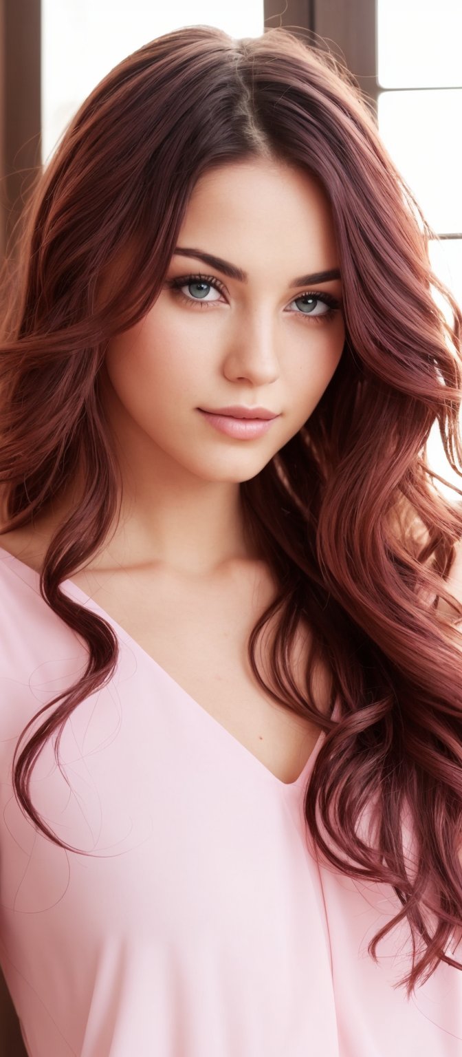 Generate hyper realistic image of a woman with long, flowing, deep red hair that falls in loose waves. The hair is voluminous and catches the light beautifully. Her eyes are highlighted with subtle makeup that enhances their shape. She is dressed in a soft, pastel pink top, which complements her hair color. the woman is posing with a fresh strawberry held delicately near her lips. Her head is tilted slightly, and her gaze is directed towards the camera. The background is softly lit, with light coming from one side of the window, creating a warm and cozy ambiance.