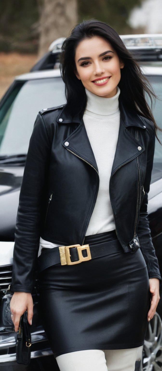 Generate hyper realistic image of a beautiful woman standing in front of a car, looking at the viewer with a confident smile. She is dressed in a black leather jacket, white turtleneck, and a white skirt with a black belt. Her long, dark hair frames her face, and her black boots and purse with a gold buckle enhance her appearance. The background is blurred, and the car is parked on the side of the road, making her the center of attention in the scene.