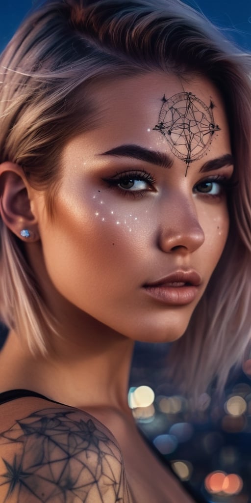 Generate hyper realistic image of a scene featuring a young woman with a captivating star map tattoo across her face, wearing avant-garde celestial-inspired fashion, attending a stargazing event on a rooftop with a panoramic view of the city skyline.Extremely Realistic, up close, 