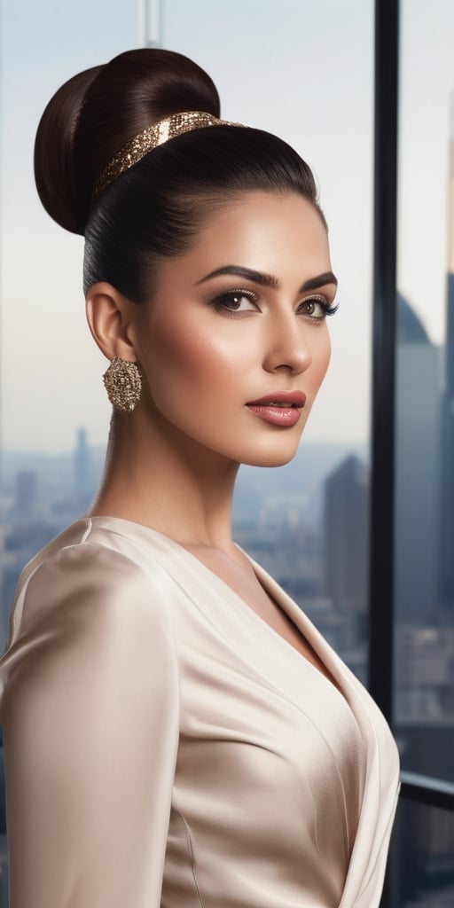 Generate hyper realistic image of a scene featuring a cosmopolitan and sophisticated Arab woman with a sleek updo, dressed in elegant modern attire, attending a high-profile fashion show with a glamorous city skyline as the backdrop.Extremely Realistic, up close, 