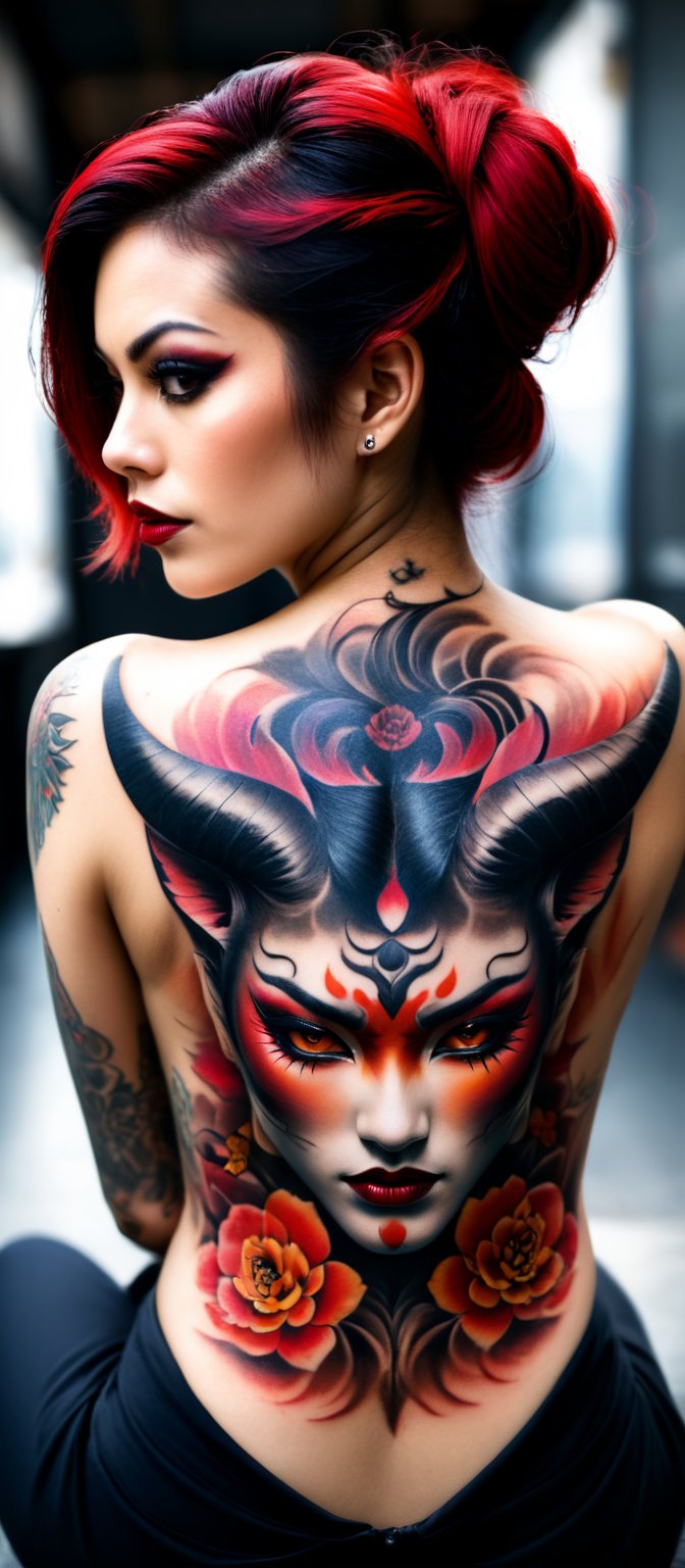 Generate hyper realistic image of a woman with an intricate and vibrant full-back tattoo. The woman is shown from behind, seated and leaning slightly to one side, allowing a clear view of her entire back. Her hair is straight and dark, falling around her shoulders. The tattoo covers her entire back. The central feature of the tattoo is a large Hannya mask. The mask has a fierce, angry expression with sharp teeth and horns, depicted in vivid red and contrasting dark shades. The tattoo features rich, deep colors with intricate shading. he woman's hair is straight and dark, and it frames the tattoo. 