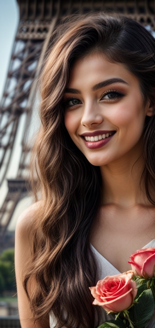 create a beautiful woman holding bouquet of roses, red long hairs , grey eyes , black lips, hourglass body, natural breast, she is looking at roses with bright smile,happy exciting,french beauty, age 18, model, beground of eiffel tower.,photo of perfecteyes eyes,leonardo