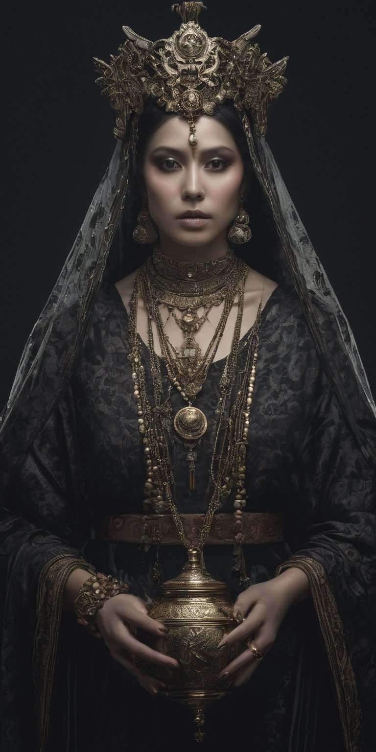 Generate hyper realistic image of a woman adorned with eerie accessories, carrying a vessel that captures the essence of souls, symbolizing her role as a collector of the departed in a grim and supernatural world.