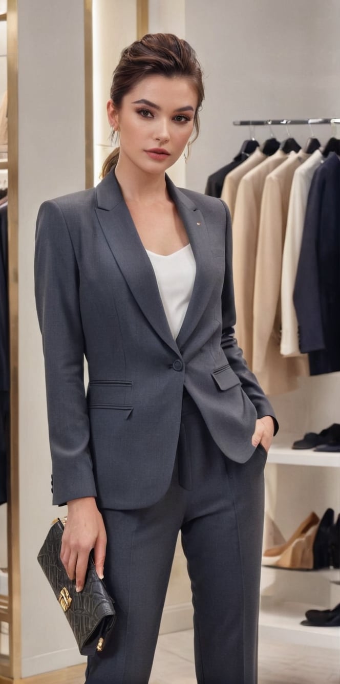 Generate hyper realistic image of a chic brunette with a polished French twist, elegant makeup, and a tailored designer pantsuit, playfully posing in a high-end boutique surrounded by luxurious clothing racks and accessories.up close