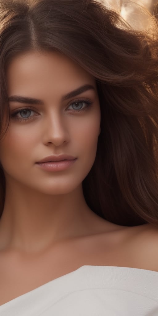 Generate hyper realistic image of a beautiful woman with long, brown hair cascading down her shoulders. Her gaze meets the viewer's eyes as she poses outdoors, wearing open, off-shoulder clothes that complement her dark skin. The realistic depiction captures the essence of her beauty, highlighting her lips and upper body against a background reminiscent of a captivating photo.