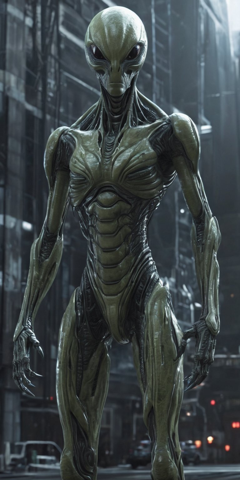 Generate hyper realistic image of an alien sentinel capable of shaping and manipulating energy, using its powers to protect the denizens of a futuristic world from imminent threats.