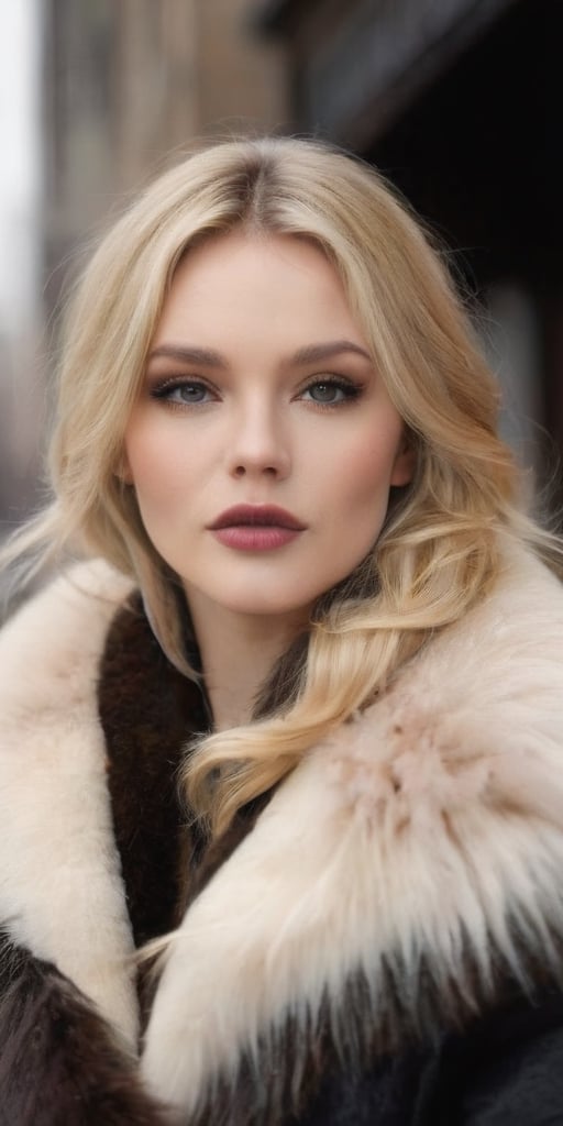 Generate hyper realistic image of a beautiful woman with pure blonde hair elegantly covered by a dark black fur coat accented with brown fur. She stands outdoors in the winter, casting a sideways glance at the viewer with a subtle shyness. Enhanced by smoky makeup, her big blush lips and face add a touch of allure against the crisp winter air, creating an image of timeless beauty in a cold yet enchanting landscape.