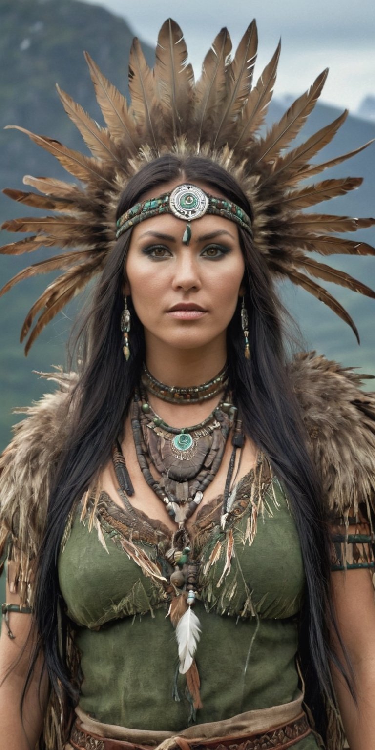 Generate hyper realistic image of a Nordic shaman dressed in earthy tones, her long, ebony hair adorned with feathers. With deep forest-green eyes, she stands atop a mountain, communing with nature and invoking the spirits of the ancient land. upper body shot,Extremely Realistic