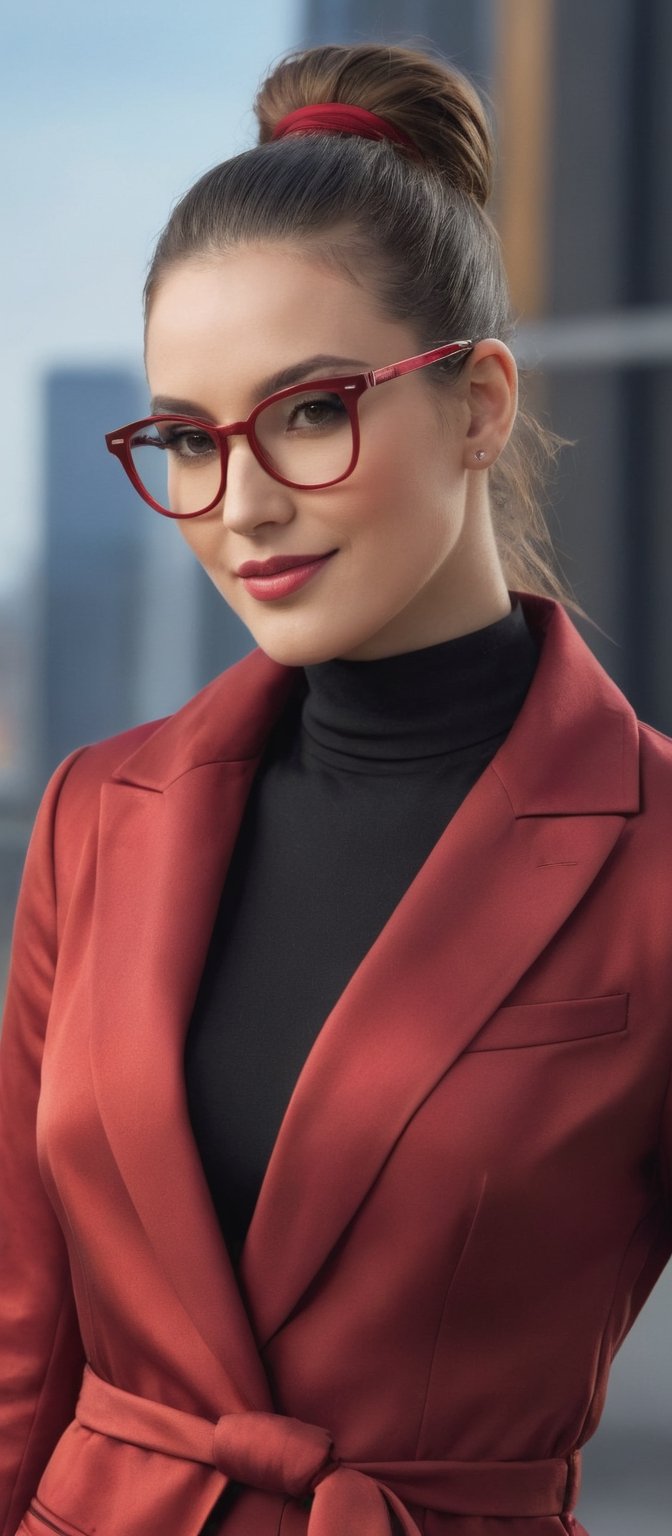 Generate hyper realistic image of a stunning woman with an enviable hourglass figure, dressed in a sleek red jacket and long sleeves, captivates viewers with her radiant smile. Her long hair is tied back into a chic ponytail, accentuating her alluring gaze behind round red-tinted eyewear. With one eye closed in a playful wink, she adds an extra touch of charm, while her necklace glistens delicately against her neckline, enhancing her magnetic presence.