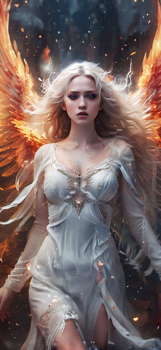  create a beautiful female angel falling down from the heaven. sad expression,fire wings, wings wide open, snow white long hair, messy hair, wings made out of fire , hopeful expression,blue eyes, red lips, realistic,fire element,flmngprsn,AngelicStyle,photo r3al,more detail XL
