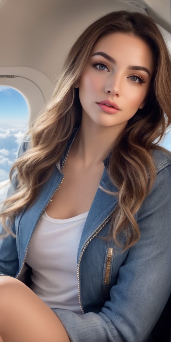  Create a realistic photo of beautiful woman siiting in private jet.enjoying the view through airplaine window.Long light brown hair, messy and stylish hair. brown eyes, long lashes , big puff lips, pink lips, dark make up, ralexed expression. wearing white  t-shir and blue denim jacket.up close.