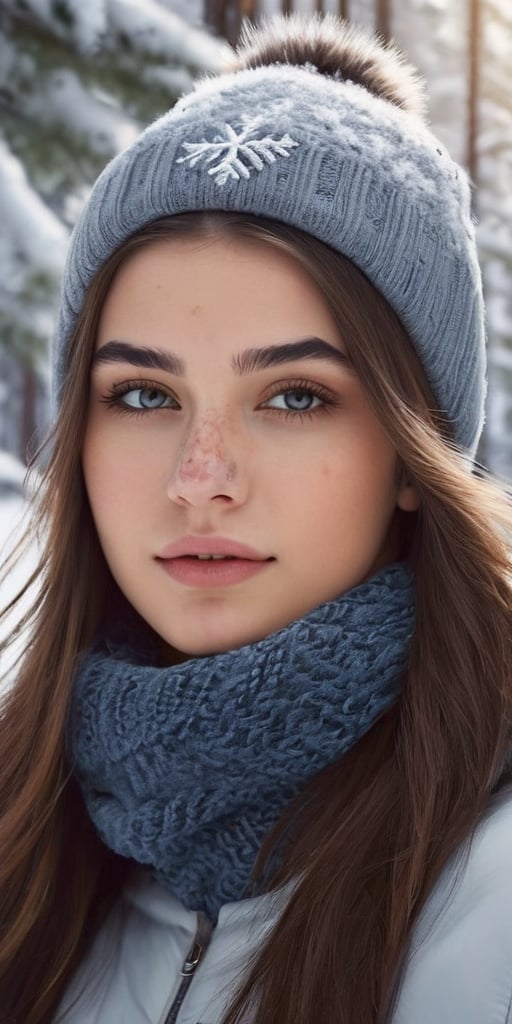 Generate hyper realistic image of an 18-year-old woman with a unique birthmark resembling a delicate snowflake on her forehead, elegantly dressed in winter attire, enjoying a day in a snow-covered forest with towering pine trees.Extremely Realistic, up close, 