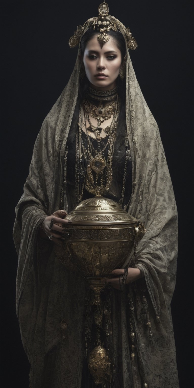 Generate hyper realistic image of a woman adorned with eerie accessories, carrying a vessel that captures the essence of souls, symbolizing her role as a collector of the departed in a grim and supernatural world.