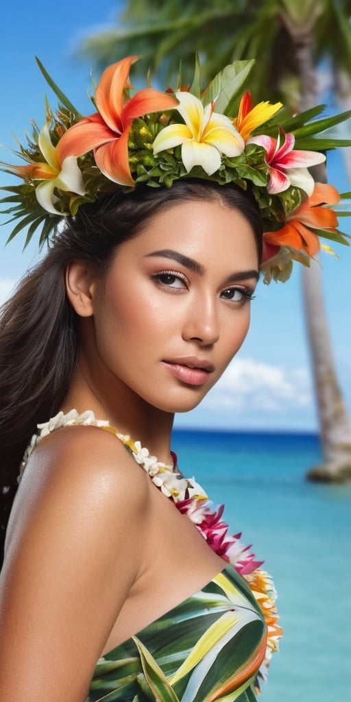 Generate hyper realistic image of a modern and empowered Native Hawaiian woman with a tropical floral crown, wearing a stylish beach-inspired ensemble, enjoying a day in the sun with the backdrop of palm trees and crystal-clear waters.Extremely Realistic, up close, 