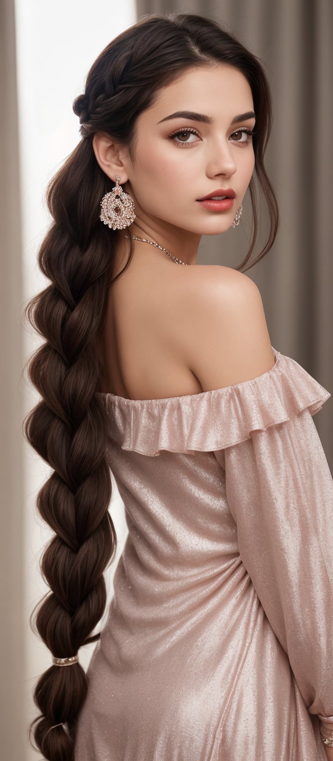 Generate hyper realistic image of a stunning woman with mesmerizing brown eyes, her red, long hair styled in a loose braid. She wears an off-shoulder dress that accentuates her beauty, complemented by shimmering earrings that catch the light as she looks playfully at the viewer, her lips adorned with a hint of rose-colored lipstick.
