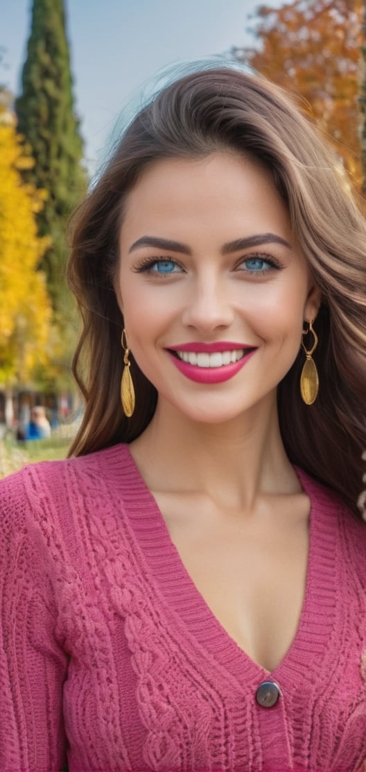 Create a beautiful spanish women, hourglass body shape, Brunette, pink lips, blue eyes, red knitted shirt, golden earrings,happy, smiling, background of amusment park.photo r3al,detailmaster2,aesthetic portrait