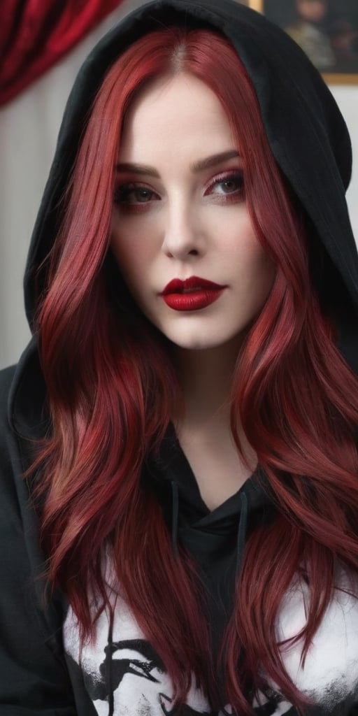 Generate hyper realistic image of a beautiful woman with dark red, lustrous hair cascading down, wearing a black oversized hoodie. Her long hair partially covers her face as she looks shyly at the viewer. Adorned in gothic makeup with big red lips and a pale complexion, she exudes a teasing smile inside a dimly lit bedroom. The contrast between the cozy oversized hoodie and the gothic allure adds a unique charm to the scene.