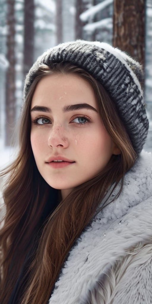 Generate hyper realistic image of an 18-year-old woman with a unique birthmark resembling a delicate snowflake on her forehead, elegantly dressed in winter attire, enjoying a day in a snow-covered forest with towering pine trees.Extremely Realistic, up close, 