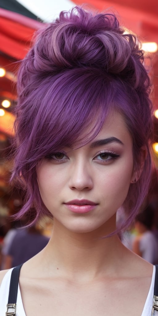 Generate hyper realistic image of a scene featuring a woman with a vibrant lavender ombre, dressed in edgy streetwear, exploring a lively night market filled with food stalls and cultural performances, blending urban style with diverse night-life experiences.Extremely Realistic, up close, 