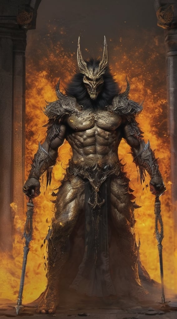 Create a realistic photo of Prince of hell Mammon appears as a wolf-like demon of wealth, especially given that wolves would be associated with greed in the Middle Ages. Mammon's skin appeared to be entirely made of a golden material but with several black scorched marks.Sharp focus, high detailed ,background of hell.