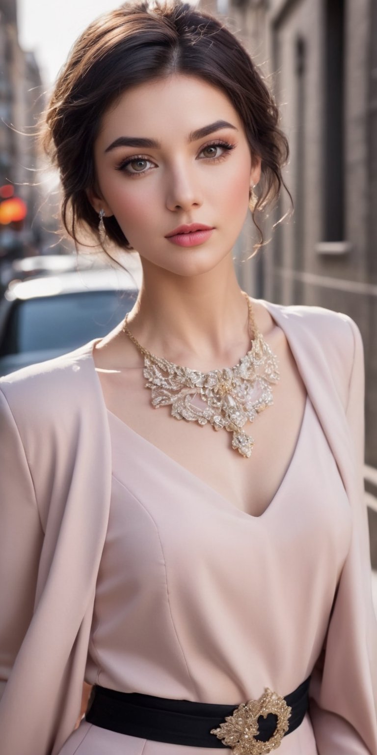  create a beautiful women from rich family looking down on  viewer.short dark brown hair, bobcat hairstyle, elegant outfit, dark make ip , long lashes, pink lips, brown eyes, up close, street view. 