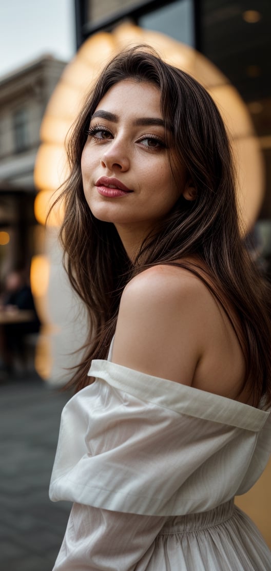 Create a beautiful woman drinking coffee outside coffee shop ,wearing a white silk dress, looking at the viewer,very curvy figure, vivid colors, brown hair, big and beautiful eyelashes, light_grey_eyes, black lips,looking happy.,Makeup,Realism,Epicrealism