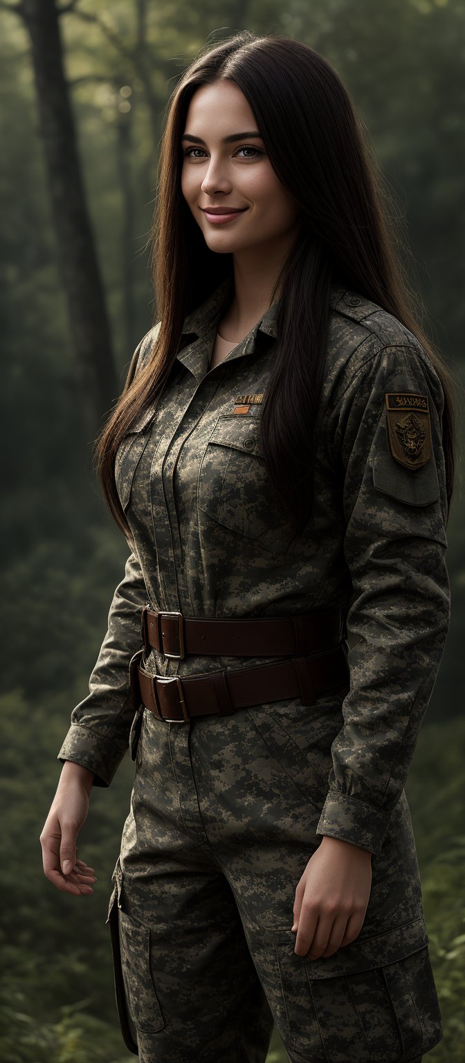 Generate hyper realistic image of a woman with long, straight, dark brown hair that flows freely down her back. She is wearing a full military uniform in camouflage pattern, which includes a long-sleeved shirt and matching pants. The uniform fits snugly, emphasizing her curves. The outfit is complete with a belt and insignia on her sleeve. She has teasing smile while gazing at the wiewer. The background is set in forest.