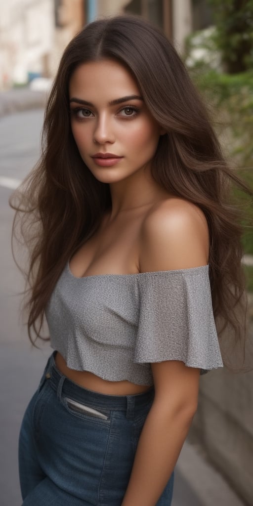 Generate hyper realistic image of a beautiful woman with long, brown hair cascading down her shoulders. Her gaze meets the viewer's eyes as she poses outdoors, wearing open, off-shoulder clothes that complement her dark skin. The realistic depiction captures the essence of her beauty, highlighting her lips and upper body against a background reminiscent of a captivating photo.