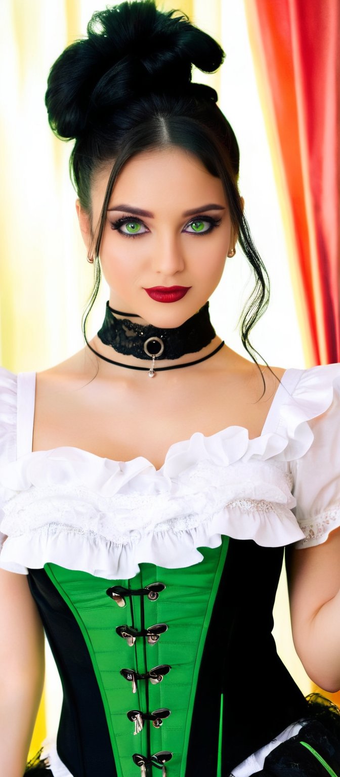 Generate hyper realistic image of a woman with long, black hair styled into two high twin tails. She has a youthful face with striking green eyes and a  slightly mischievous smile. Her makeup is minimal, allowing her natural features to stand out. A black choker with a small pendant enhances her gothic aesthetic. She is wearing a black corset-style top with white frills around the bust area. The corset is tightly laced up in the front, emphasizing her figure and a short, black, ruffled skirt with layers of frills. There are hints of red under the black layers. She is wearing black thigh-high stockings with lace tops, and garters. 