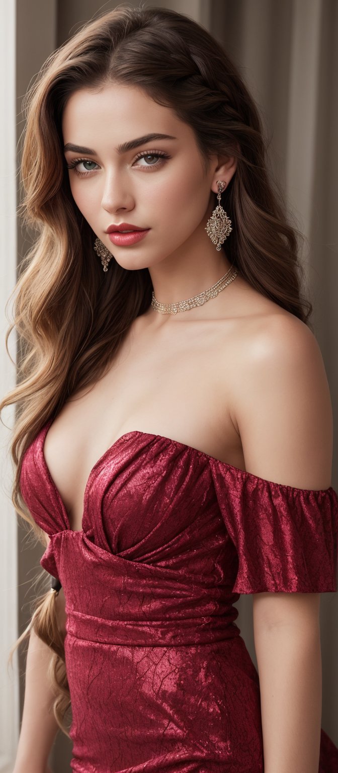 Generate hyper realistic image of a stunning woman with mesmerizing brown eyes, her red, long hair styled in a loose braid. She wears an off-shoulder dress that accentuates her beauty, complemented by shimmering earrings that catch the light as she looks playfully at the viewer, her lips adorned with a hint of rose-colored lipstick.
