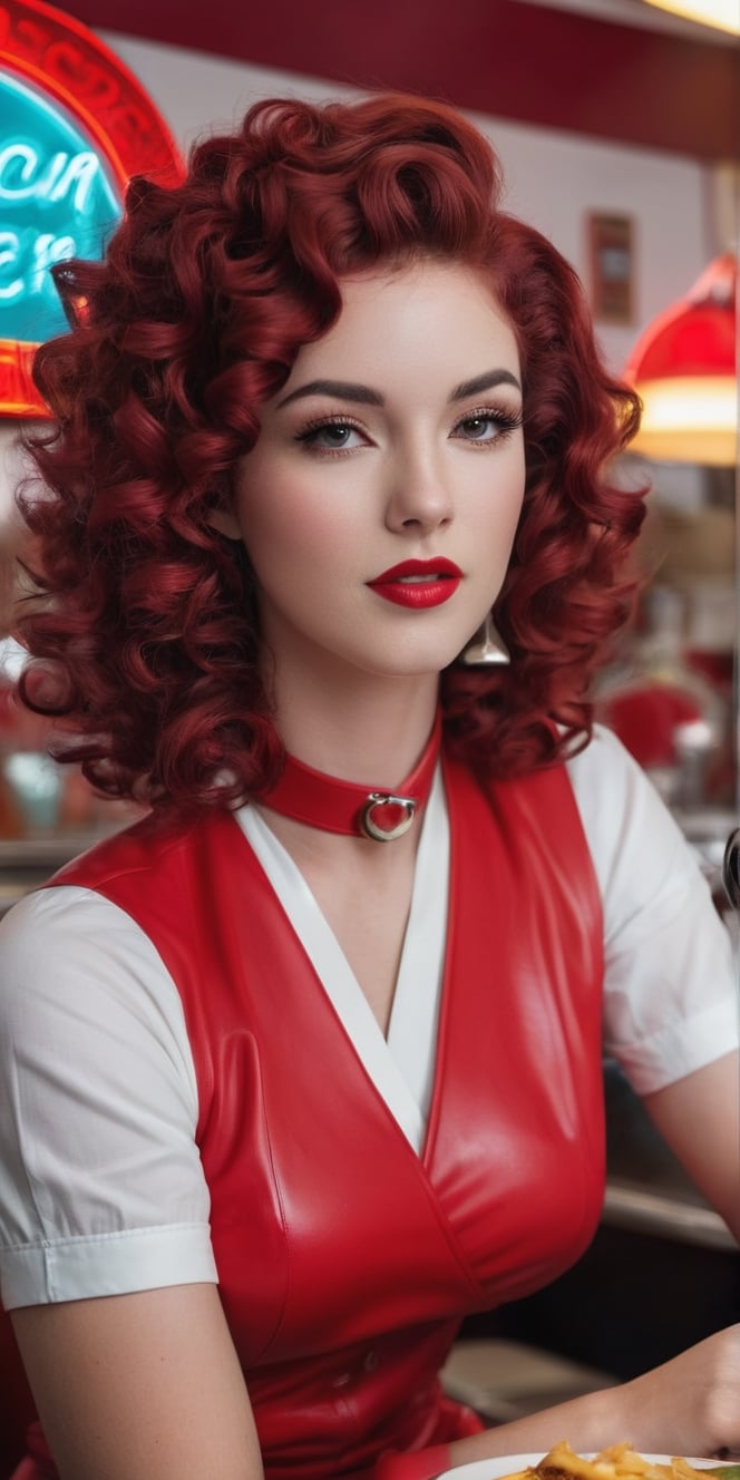 Generate hyper realistic image of a woman with cherry-cola-colored curls, relishing a delightful meal at a retro diner. Emphasize the nostalgic charm with neon signs, vinyl booths, and classic diner aesthetics.