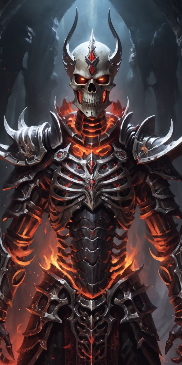  create a Skeleton god wearing blood armor. background of underworld.fierce looking, glowin red eyes, godly armor., sharp focus, high up close,detailed.,more detail XL