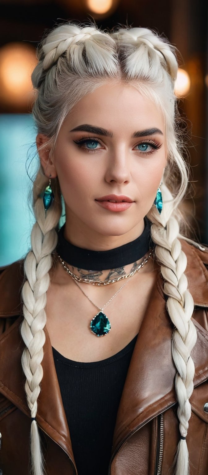 Generate hyper realistic image of a woman with long white hair, twin braids cascading down her shoulders. She gazes at the viewer with aqua eyes, a gentle smile gracing her lips. She wears a jacket and belt, her upper body slightly blurry against the indoor background. Adorned with earrings and a choker, she holds a cup, her head tilted inquisitively. Subtle black makeup and an ear piercing add to her unique charm.