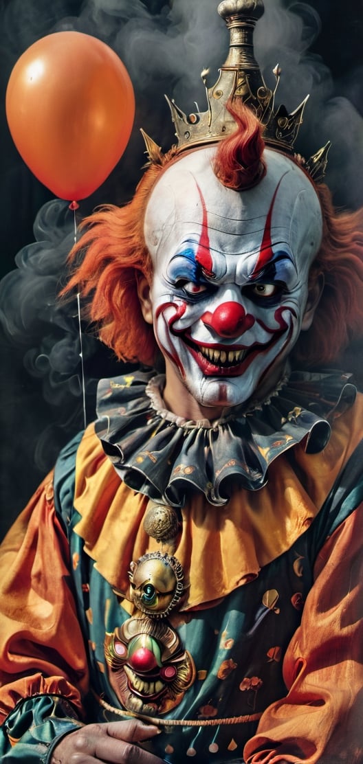 clown, painted face, sinister environment, smoke, night, terror,halloween background. clown outfit, balloon in hand.,oni style