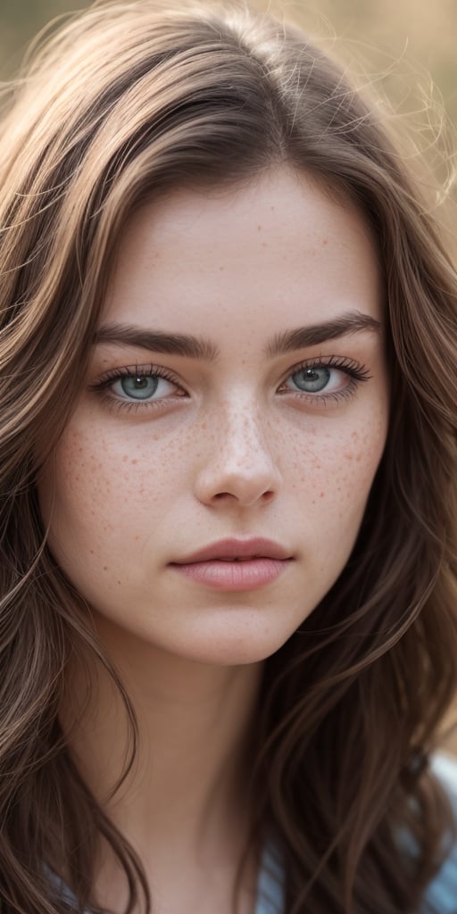 Generate hyper realistic image of a beautiful woman with long flowing hair, gazing directly at the viewer with serene blue eyes. Her parted lips hint at a subtle expression of tranquility, and realistic freckles grace her nose. This portrait captures the essence of a calm and captivating moment.