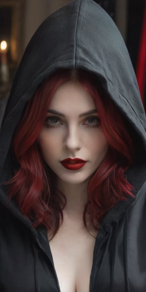 Generate hyper realistic image of a beautiful woman with dark red, lustrous hair cascading down, wearing a black oversized hoodie. Her long hair partially covers her face as she looks shyly at the viewer. Adorned in gothic makeup with big red lips and a pale complexion, she exudes a teasing smile inside a dimly lit bedroom. The contrast between the cozy oversized hoodie and the gothic allure adds a unique charm to the scene.