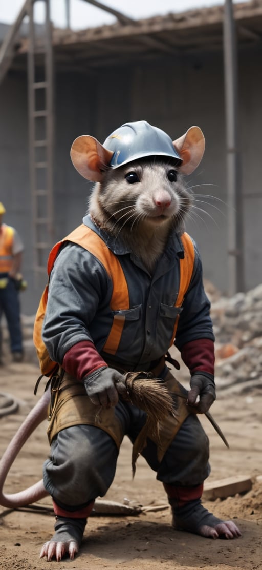  create a Bunch of rat with men body working in construction site, visible tails, wearing work safety outfit and helmet, , sharp focus, . ,Movie Still,more detail XL