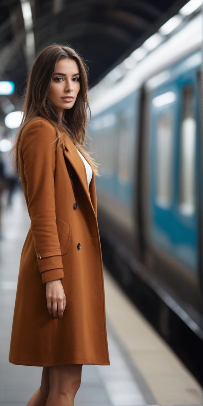  Create a beautiful brunnette super model woman standing in underground train station, near upcoming blurred fast train. high detailed, sharp focus of the women, up close