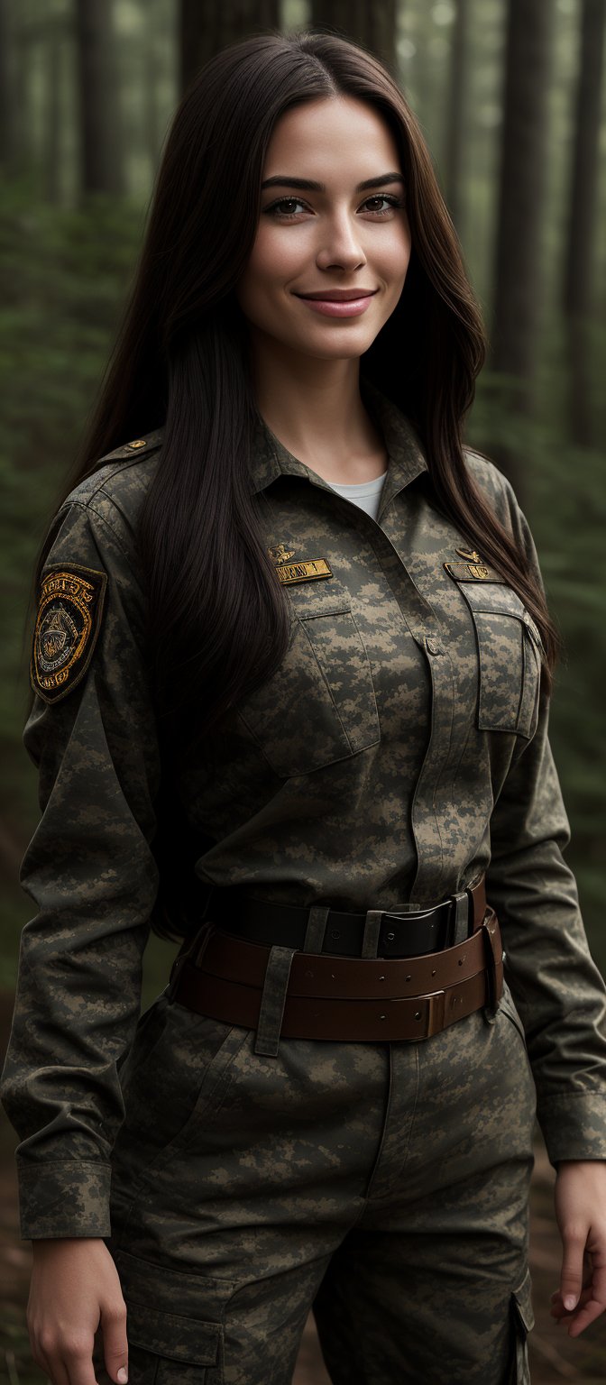 Generate hyper realistic image of a woman with long, straight, dark brown hair that flows freely down her back. She is wearing a full military uniform in camouflage pattern, which includes a long-sleeved shirt and matching pants. The uniform fits snugly, emphasizing her curves. The outfit is complete with a belt and insignia on her sleeve. She has teasing smile while gazing at the wiewer. The background is set in forest.